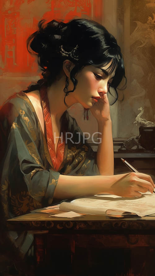 green silk robes and red undergarments frame women holding quills