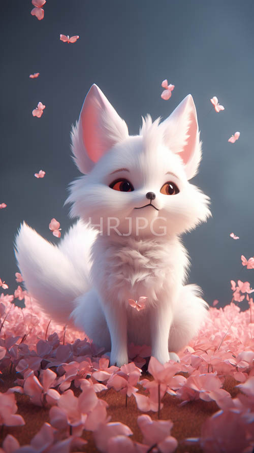 cherry blossoms surround fluffy white foxes in fields