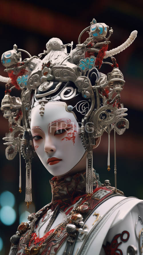 meticulously painted pink floral designs on an asian womans eyes in striking historical fantasy fusion