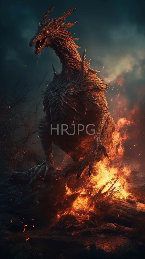 fiery dragon dominates rocky terrain beneath turbulent night sky with jagged scales
