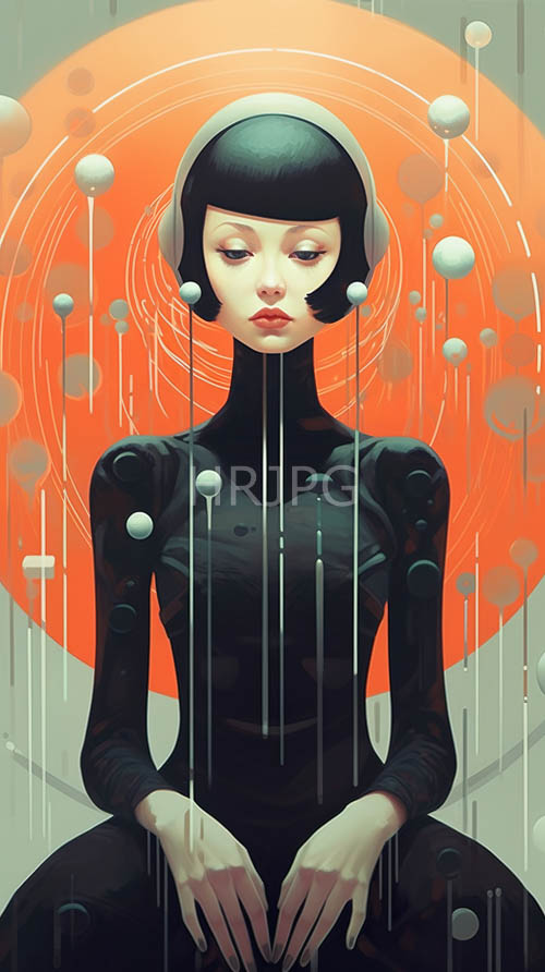 minimalist art featuring an androgynous model in sleek black attire against a vibrant orange background
