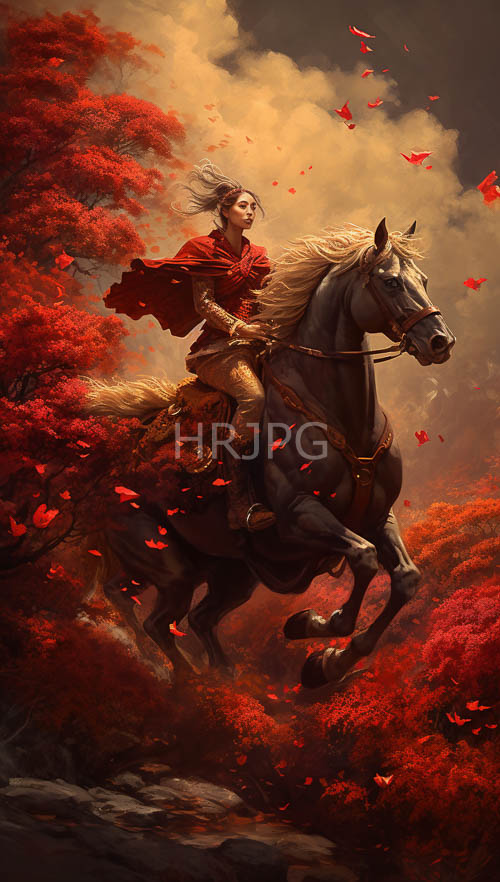 women clad in intricate armor ride white horses through autumnal landscape