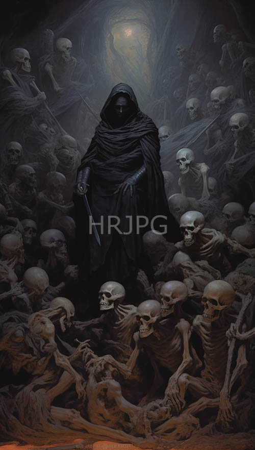 ominous darkrobed figure dominates cavelike sanctuary amidst countless skulls and weathered stone walls