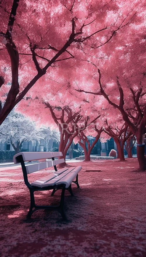 pink petal carpet covers park trails between classic garden benches