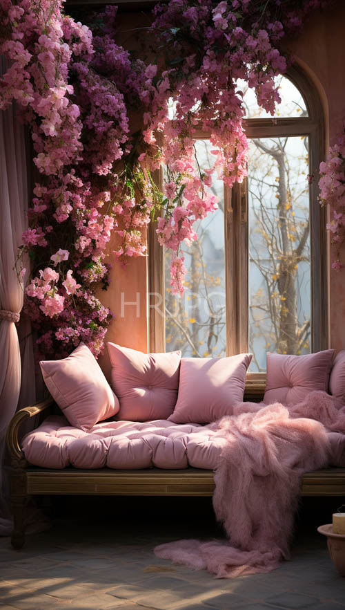 rustic wooden bench adorned with pastelpink pillows and cherry blossoms