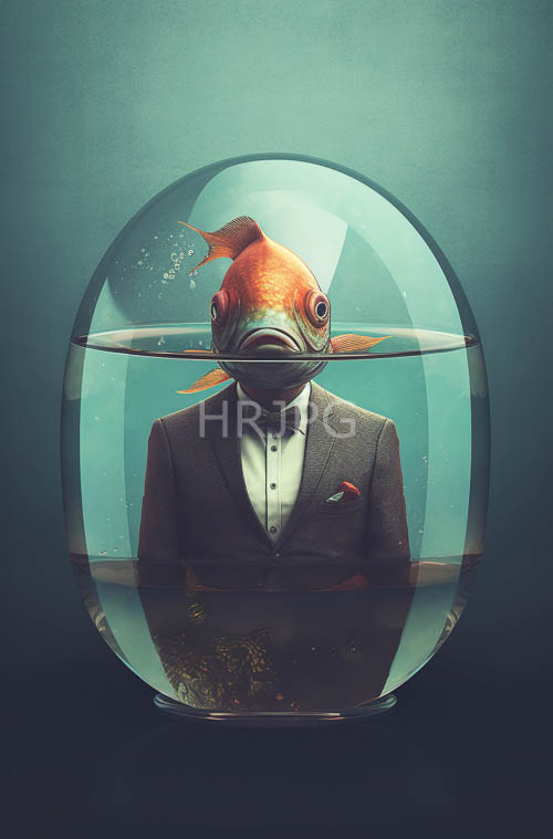 sophisticated aquatic gentleman with elegantly submerged orange fish in clear glass aquarium sphere