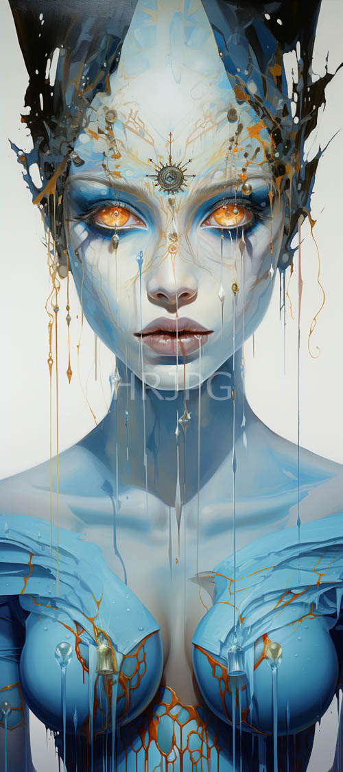 luminous orange eyes contrast blue skin among gold paint splashes