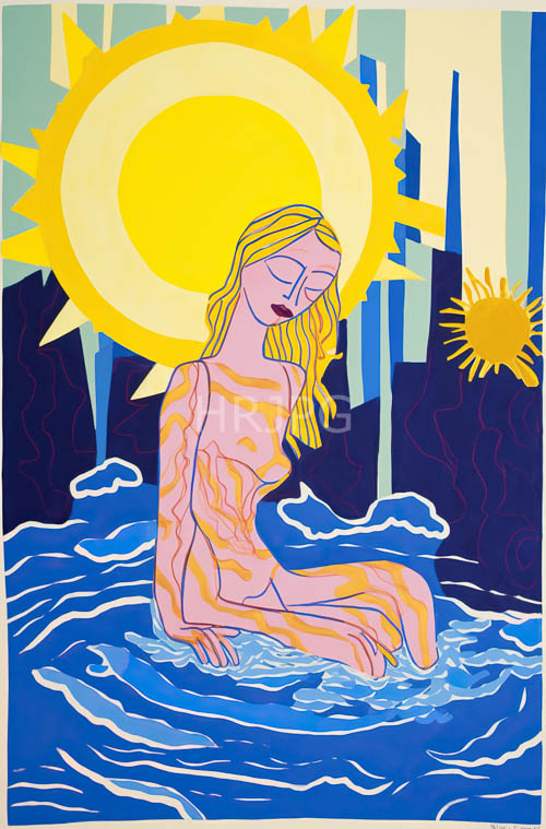 wavy organic patterns dance across porcelain skin in a blue water setting of modern mythology