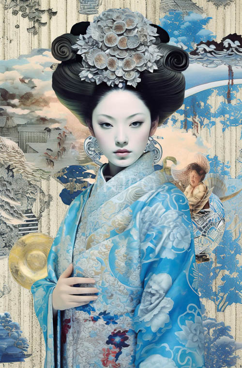 traditional blue white floral kimonos accompany intricate silver flower hairpins