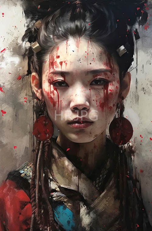 gold adornments accent crimson splatters on layered robes
