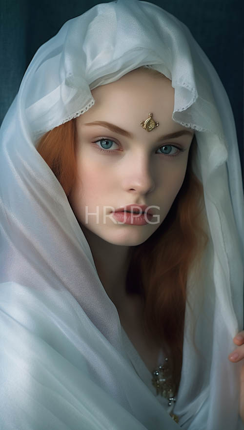 of enigmatic figure in hooded veil amidst red hair and solitary blue eyes
