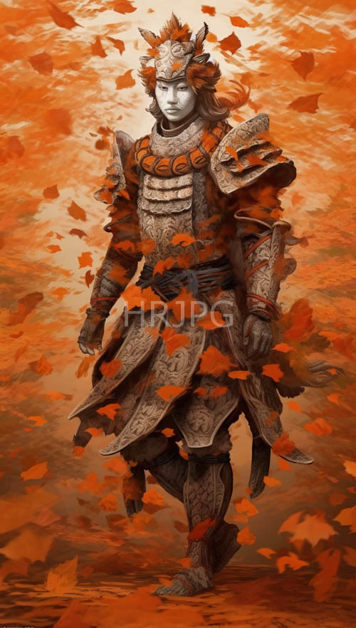 fantasy warrior in autumnal landscape with orange tones and military gear