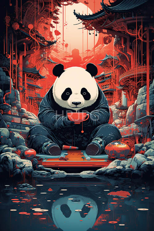 High Resolution: Panda characters sit among ancient Chinese buildings in smoke download. | HRJPG.com