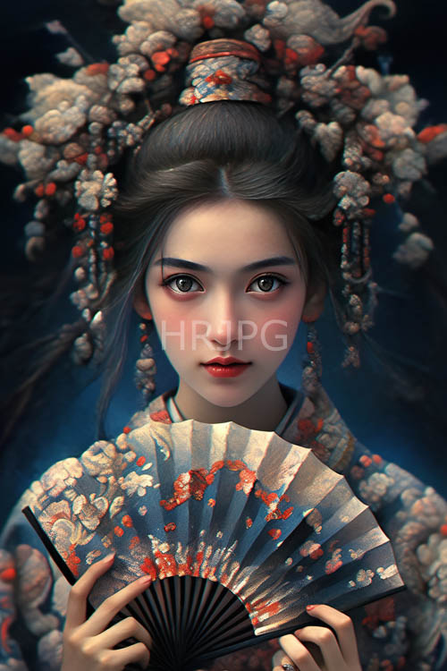 east asian woman in elaborate cloudlike hair and traditional japanese robe