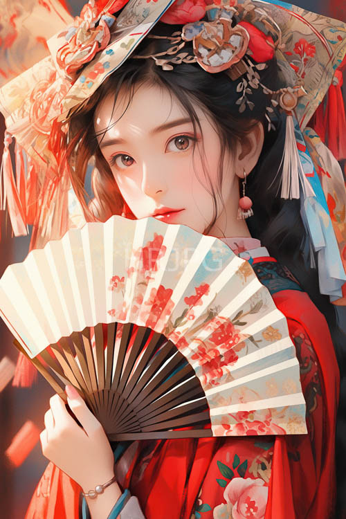 east asian woman wears intricate floral kimono under majestic headpiece in regal setting amidst rich colors