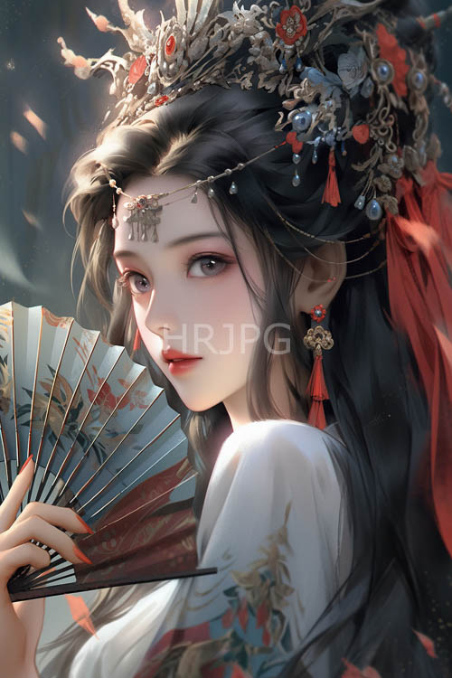 red tassels and pearl strands frame delicate east asian features