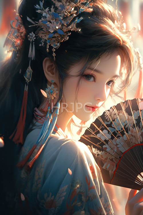 east asian woman in elegant floral kimono with elaborate silverblue headpieces captured in detail
