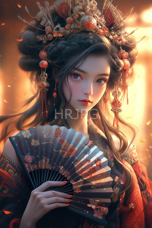 east asian woman enveloped in traditional japanese attire with gold accents and intricate florals