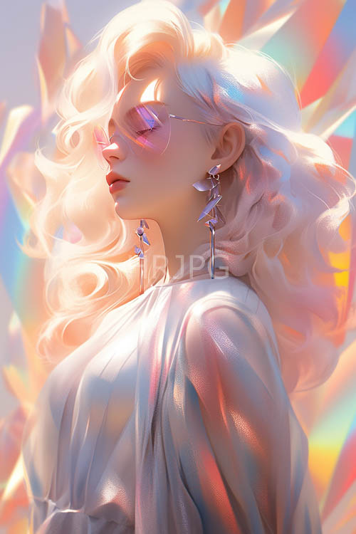 pastel rainbow light waves wash over flowing wavy hair strands