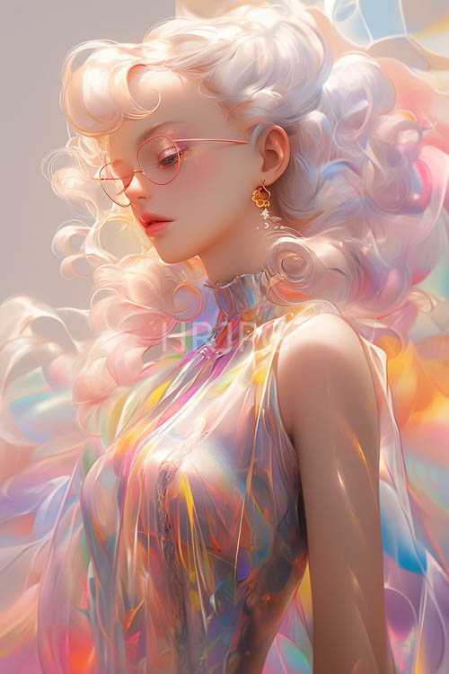 fantasy cyberpunk of ethereal woman with iridescent clothing and pastel lighting