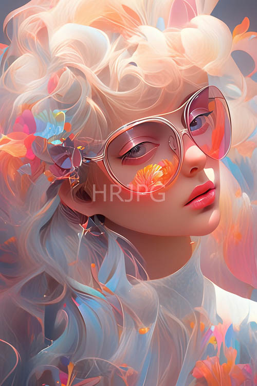 whimsical botanical of lightskinned woman amidst wavy blonde hair and pastel gradient