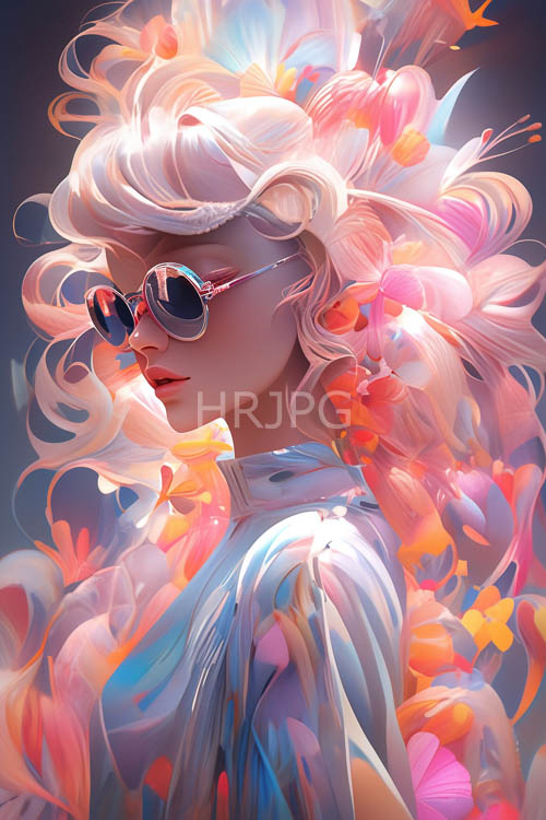 pink and white tresses enfold silhouette amidst pastel accents and feathers