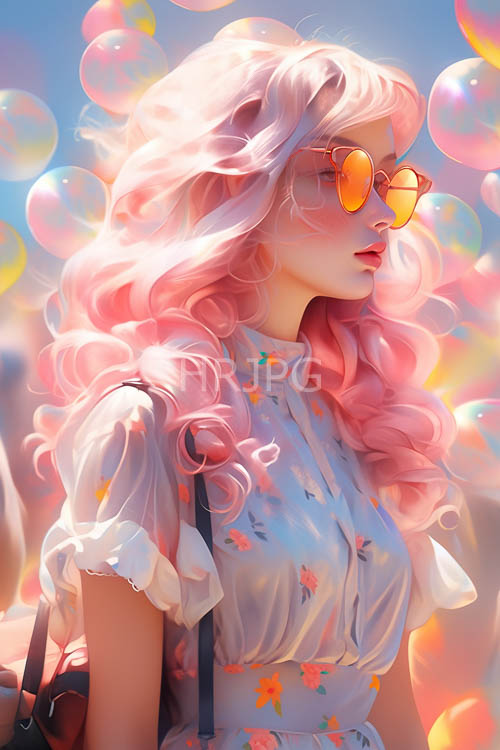 pink hair strands catch summer light near delicate floral patterns