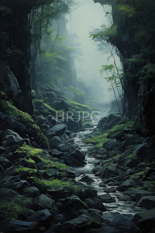 mossy stones and misty forest stream with dense canopy and foggy distance