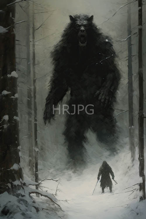 monstrous beasts confront small cloaked figures in eerie winter forests
