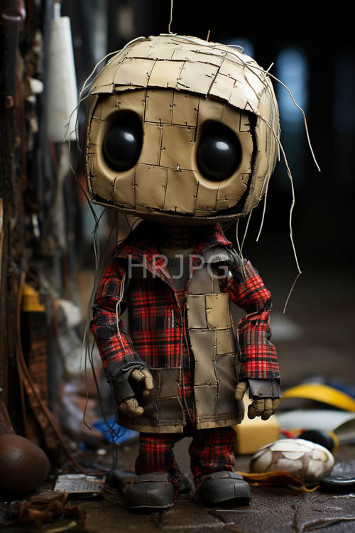 moody plaid doll amidst weathered hand tools in dimly lit workshop setting