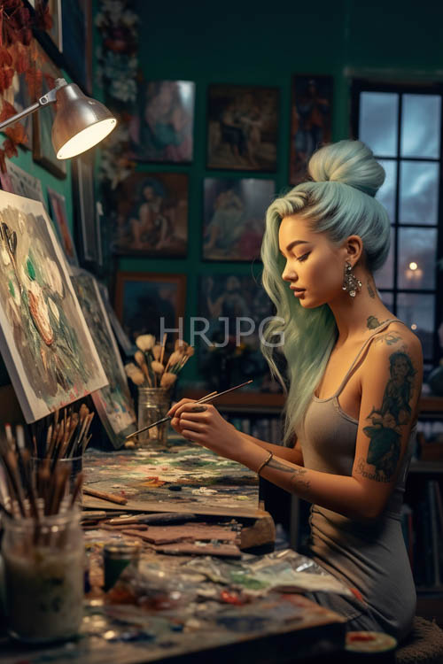 overhead workshop lamps illuminate artists painting in cluttered studios