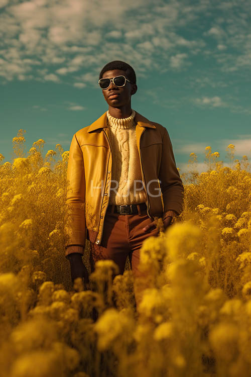 africanamerican man effortlessly blends rugged masculinity with refined autumnal fashion in a field of wildflowers