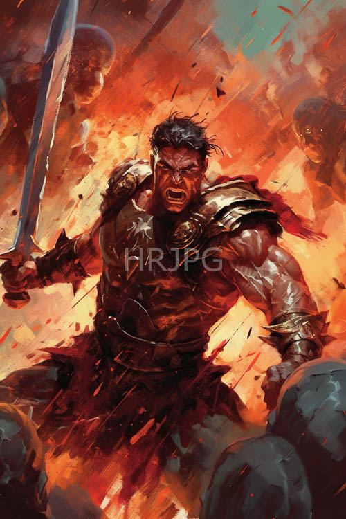 High Resolution: Muscular Warrior Engulfed in Fiery Chaos Amidst Intense Combat download. | HRJPG.com