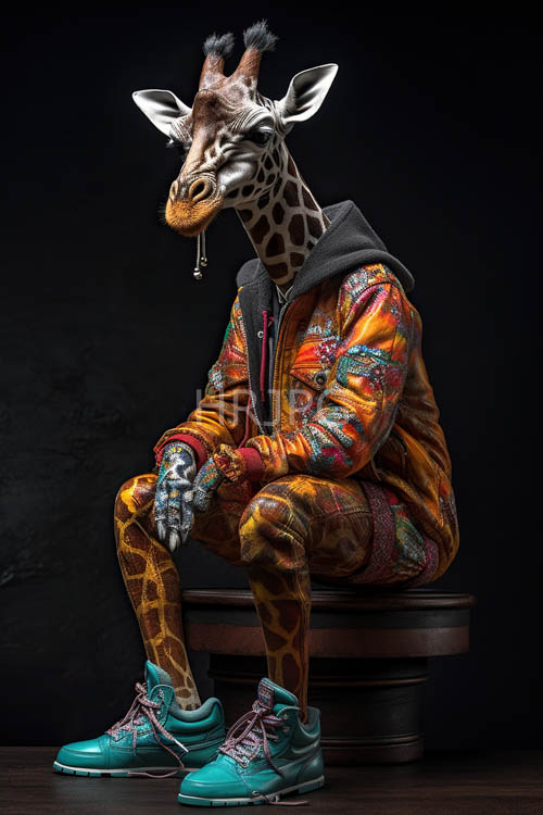 patterned suit jackets fit giraffes on wooden stools
