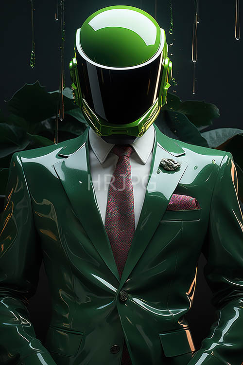 anonymous figure emerges from emerald jungle depths amidst futuristic noir undertones