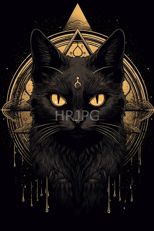 dark feline silhouettes with luminous yellow eyes amidst ancient alchemical patterns cast against mystic backdrops