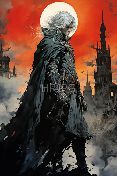 fantasy warrior in tattered black fabric under colossal full moon