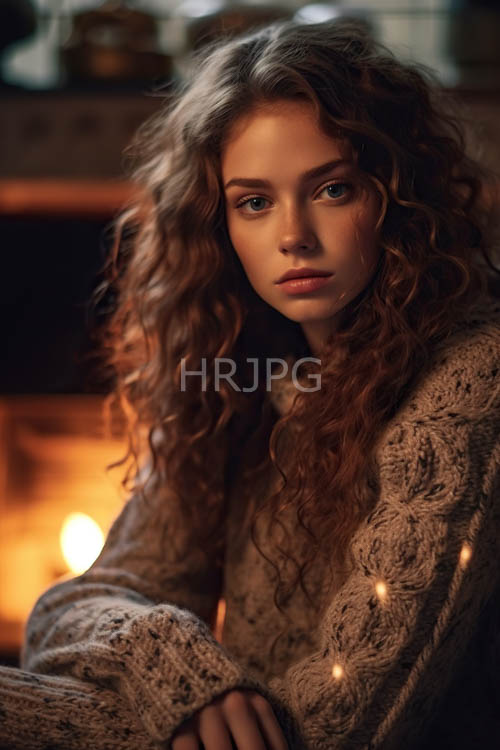 caucasian woman in textured beige sweater amidst warm orange glow of crackling fireplace