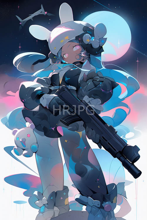 female warrior animestyle amidst starry night sky with pink hues and bunny ears