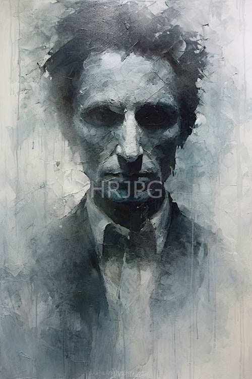 moody gray hues evoke melancholy in a somber shadowy male figure portrayed in abstract watercolor