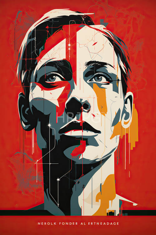 geometric shapes slice across face of neruk ponder in red background