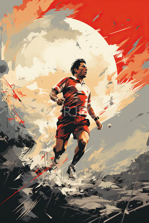 soccer player in midkick against glowing celestial background with orangered light