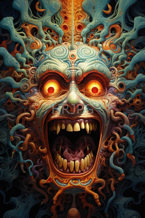 elusive fractured countenance of nightmarish visage emerges from murky abyssal background