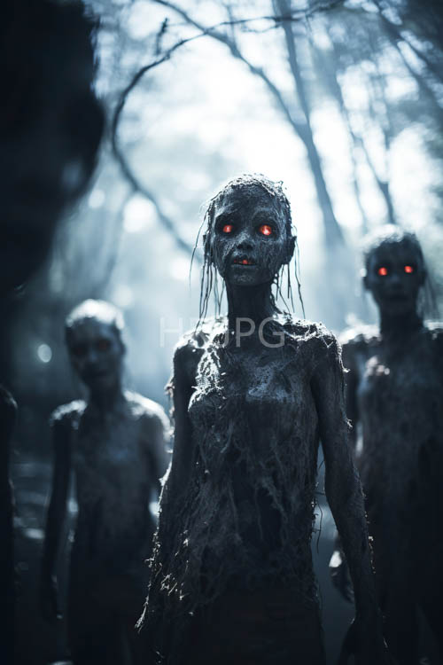 eerie zombielike creatures emerge from twilit forest shadows with crimson eyes