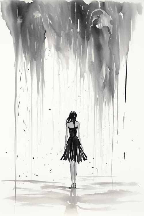 anonymous women in contemplation before monochrome cascades and waterfalls