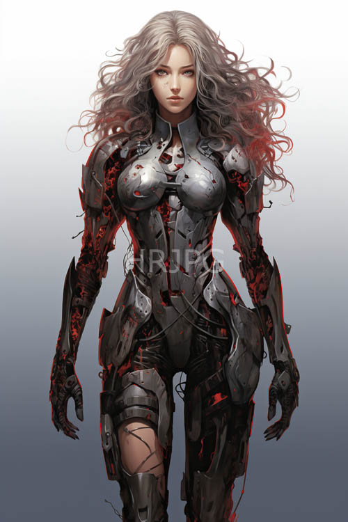 red black cybernetic suits stand out against gray gradient backdrops