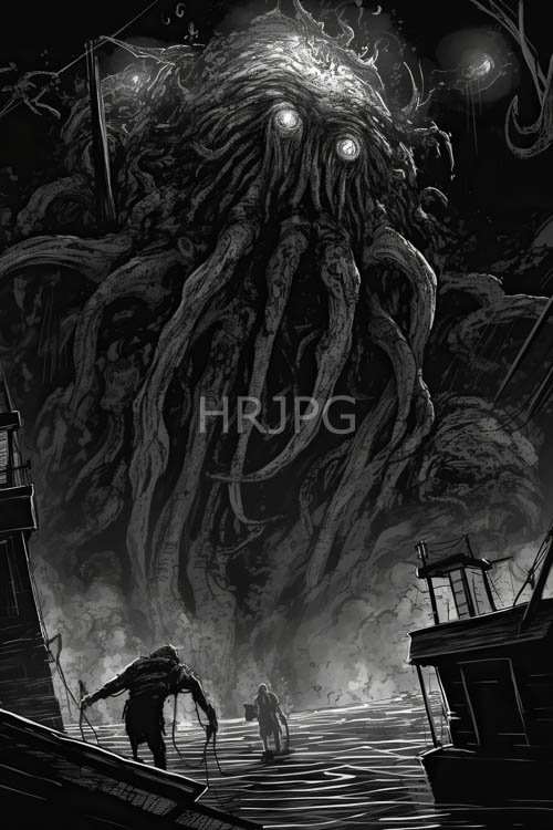 tentacled leviathan rises from misty pitchblack waters amidst shadows