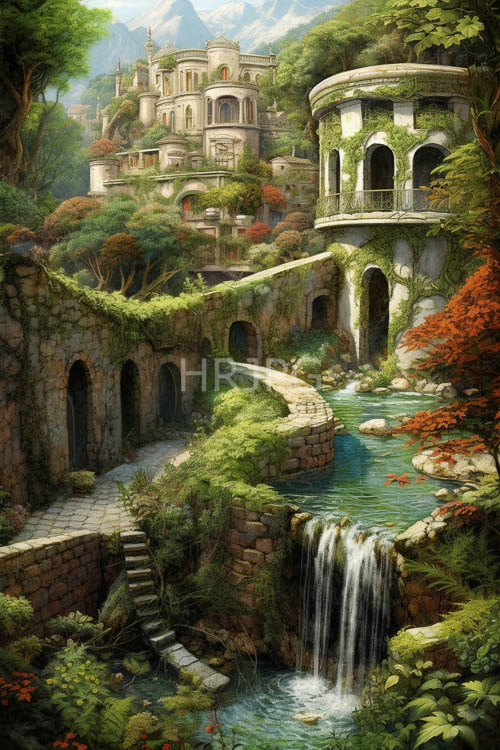 lush green vines entwine ancient stone arches over turquoise waters