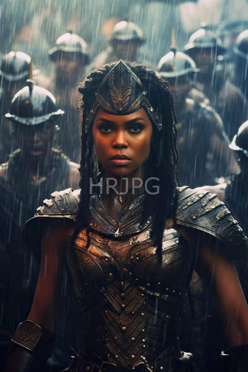 african female warrior stands resolute on wet battlefield amidst torrential downpour