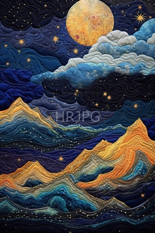 yellowish full moons illuminate celestial canvas with dark blue cloud formations and twinkling stars in textured mountain landscapes
